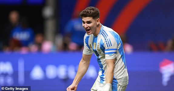 ATLANTA, GEORGIA - JUNE 20: Julian Alvarez of Argentina celebrates after scoring the team's first goal during the CONMEBOL Copa America group A match between Argentina and Canada at Mercedes-Benz Stadium on June 20, 2024 in Atlanta, Georgia. (Photo by Hector Vivas/Getty Images)