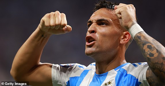 ATLANTA, GEORGIA - JUNE 20: Lautaro Martinez of Argentina celebrates after scoring the team's second goal during the CONMEBOL Copa America group A match between Argentina and Canada at Mercedes-Benz Stadium on June 20, 2024 in Atlanta, Georgia. (Photo by Hector Vivas/Getty Images)