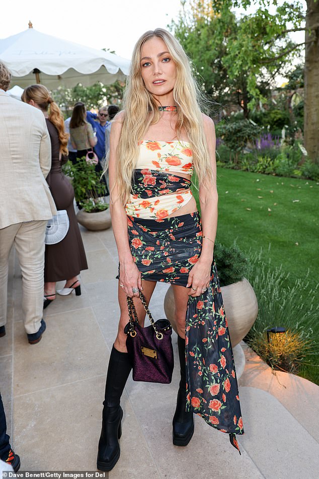 Model Clara Paget, 35,  put on a leggy display in a rose co-ord set which consisted of a bandeau top and an asymmetric mini skirt