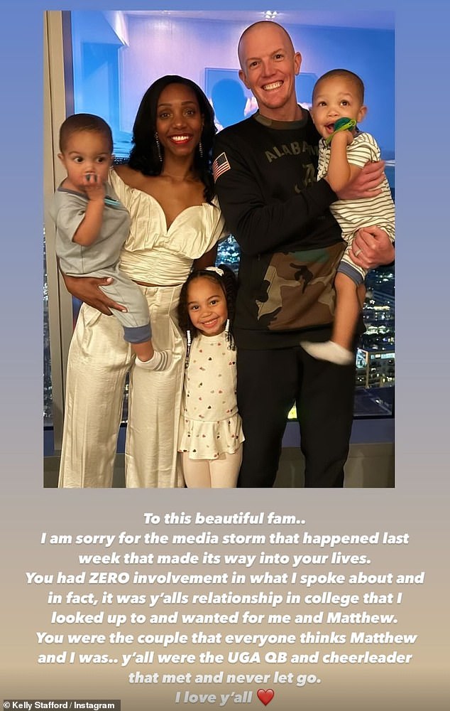 Kelly Stafford posted an image of 'beautiful fam' of Joe Cox, her husband Matthew's former college rival, while apologizing for landing them at the center of a 'media storm'