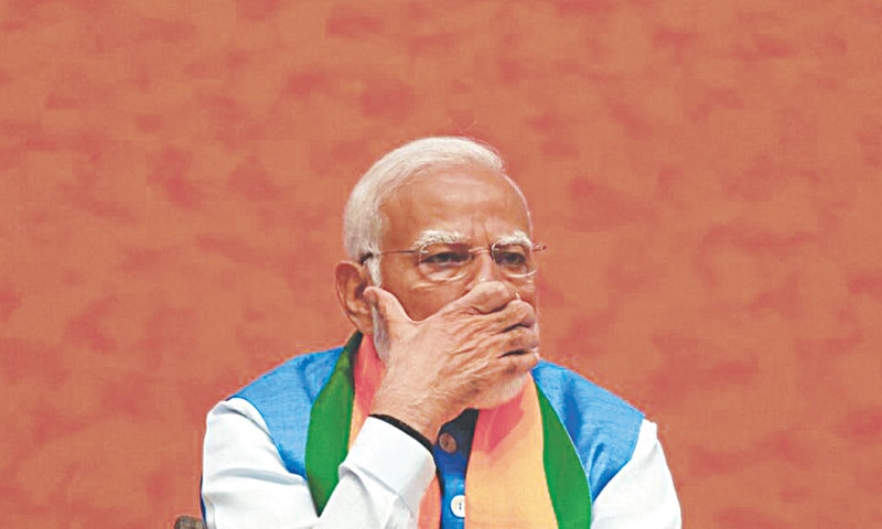 Narendra Modi during the launch of the BJP’s election manifesto on April 14, 2024: the election results represent a stunning personal setback for Modi, who had become convinced of his invincibility | Reuters