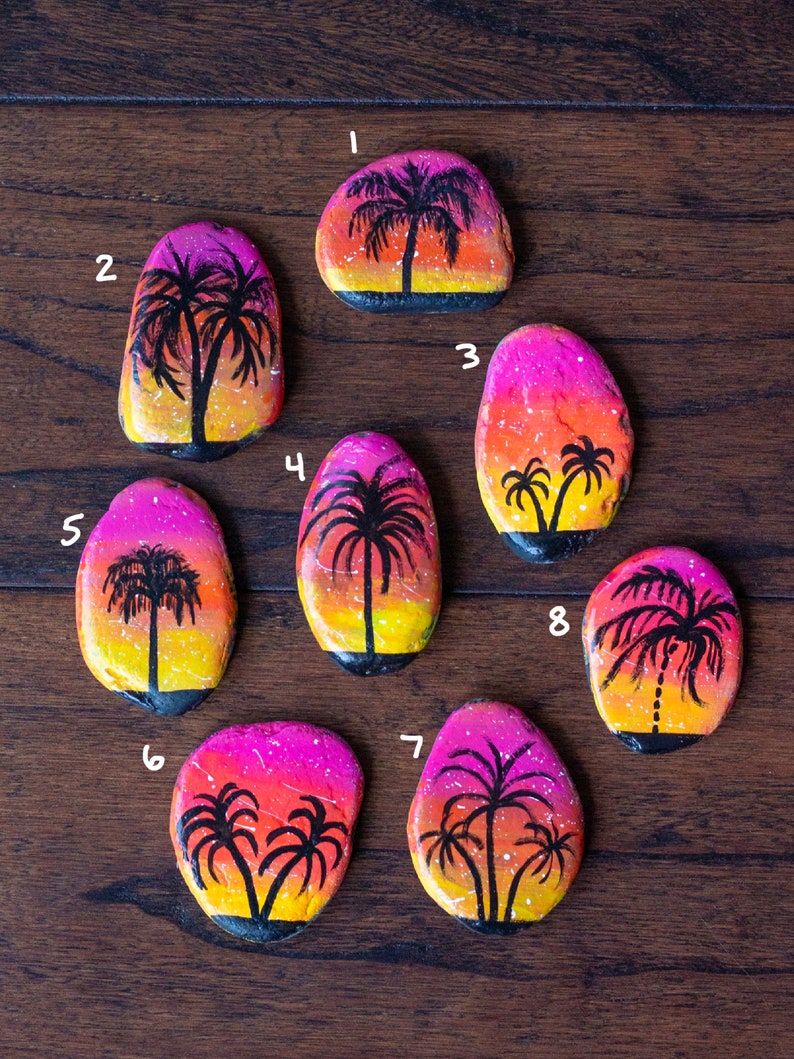 Painted Rocks Palm Trees Silhouette Beach Decor Sunset Sunrise image 0