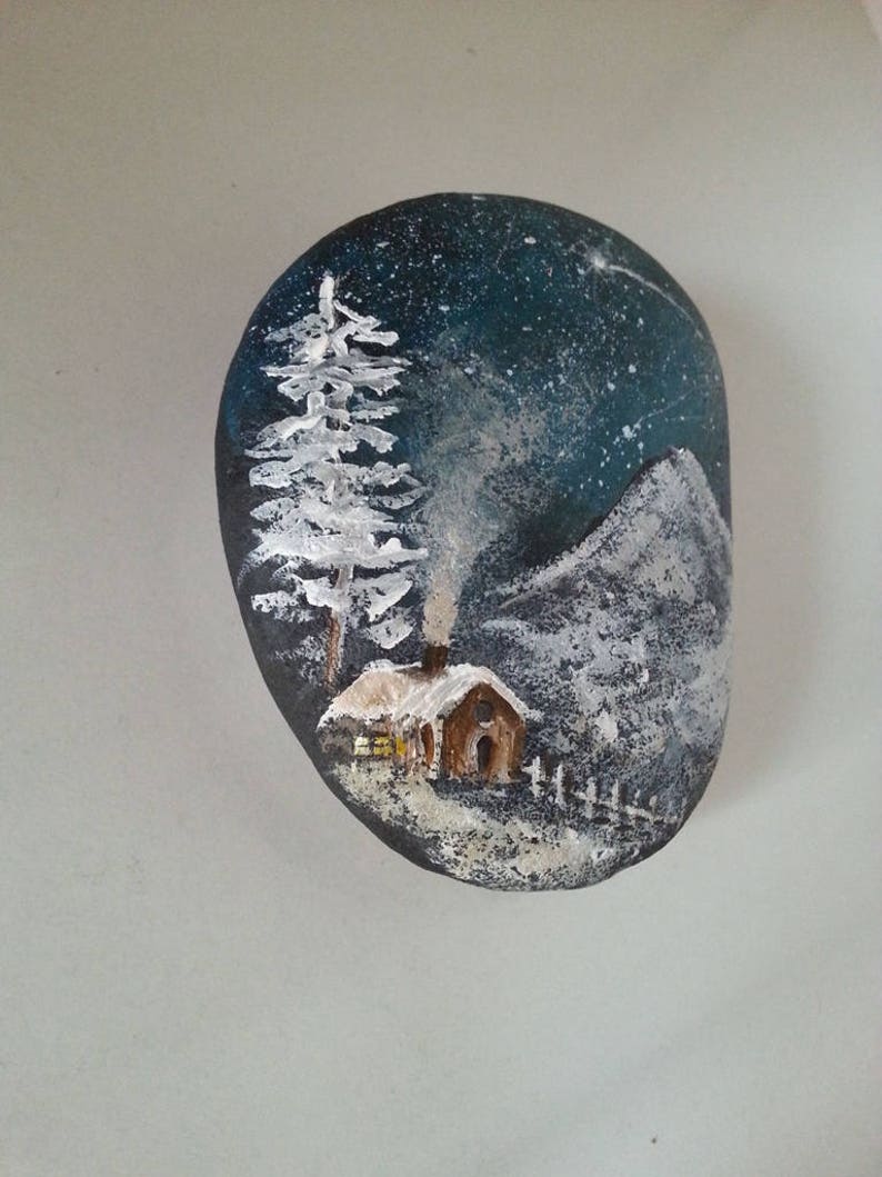 Mountain cabin original painting Hand-painted rock Winter image 0
