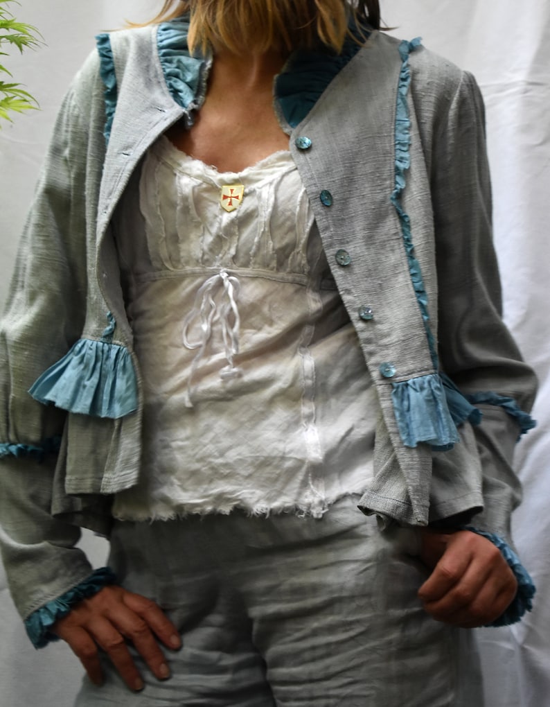 Raw silk jacket in pale slate blue soft silk with ombre teal image 10
