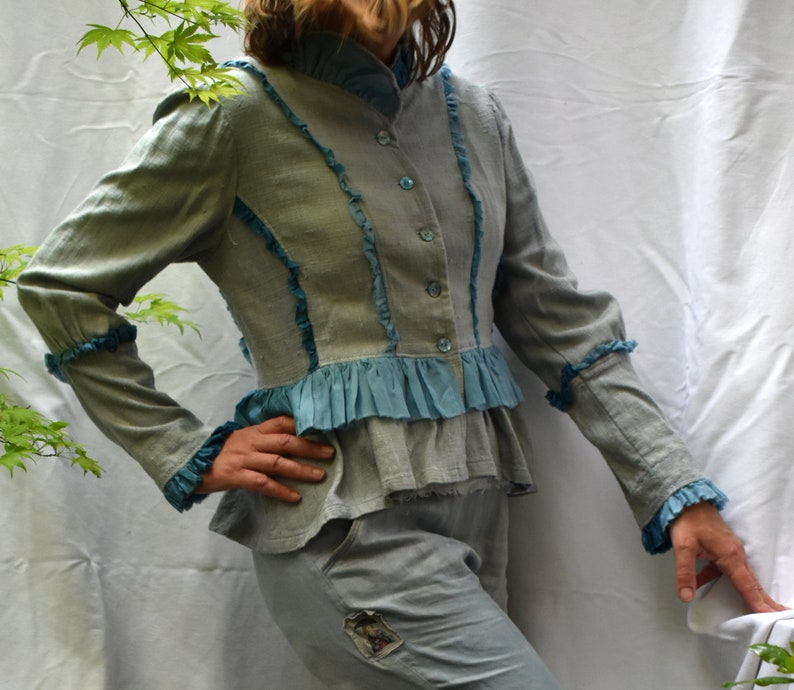 Raw silk jacket in pale slate blue soft silk with ombre teal image 1