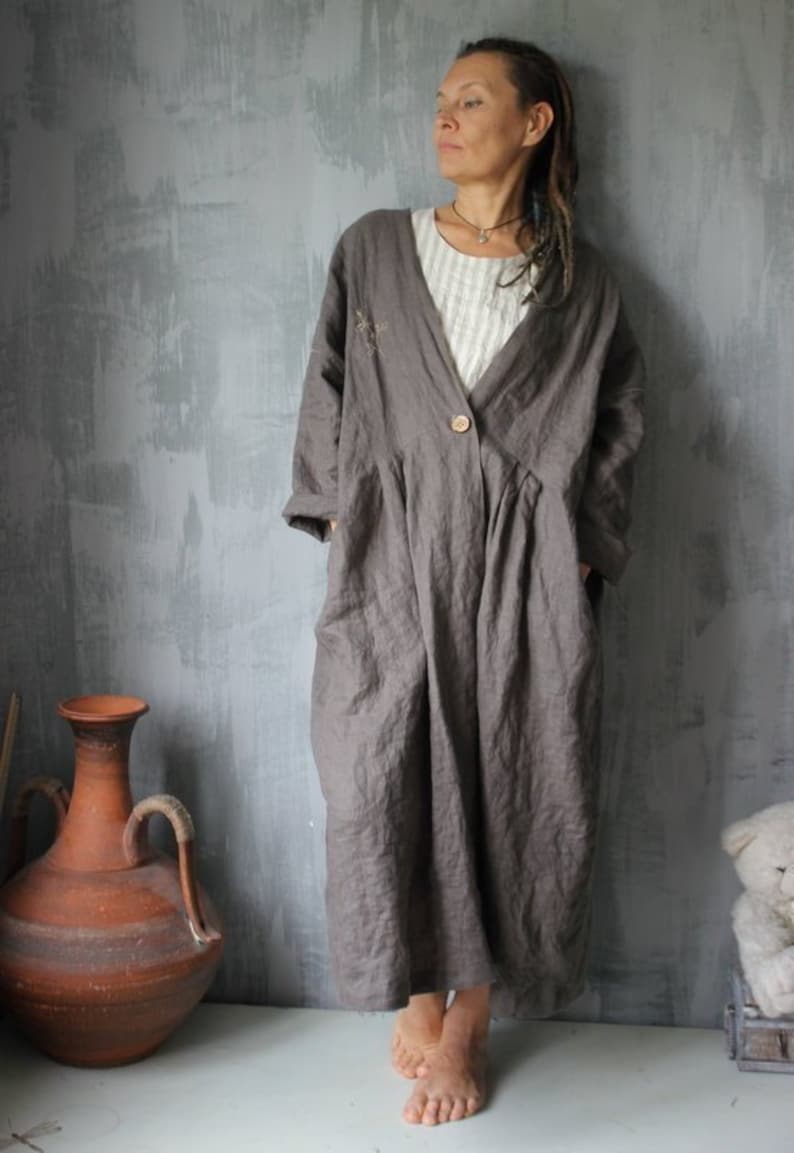 Linen boho coat.Coffee color.Embroidered coat.Linen image 1