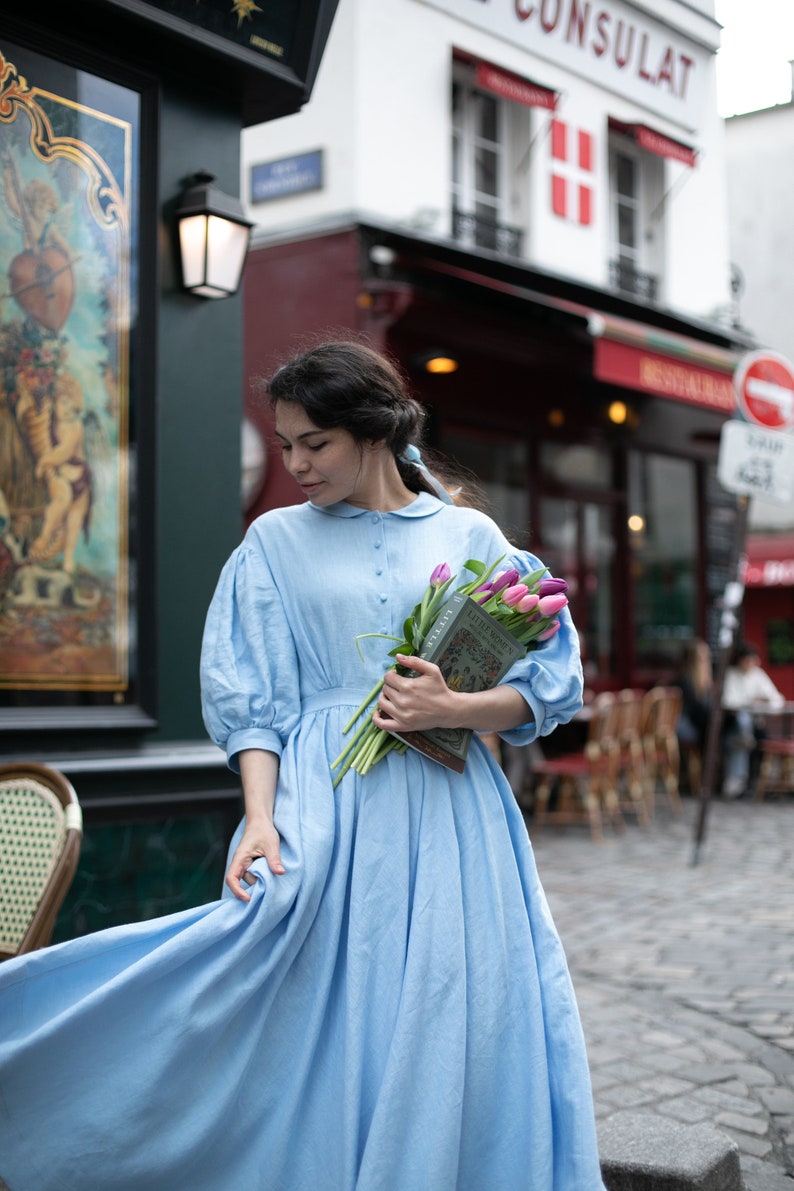 Meg Dress in Sky Blue with sleeves 3/4 Linen Dress image 3