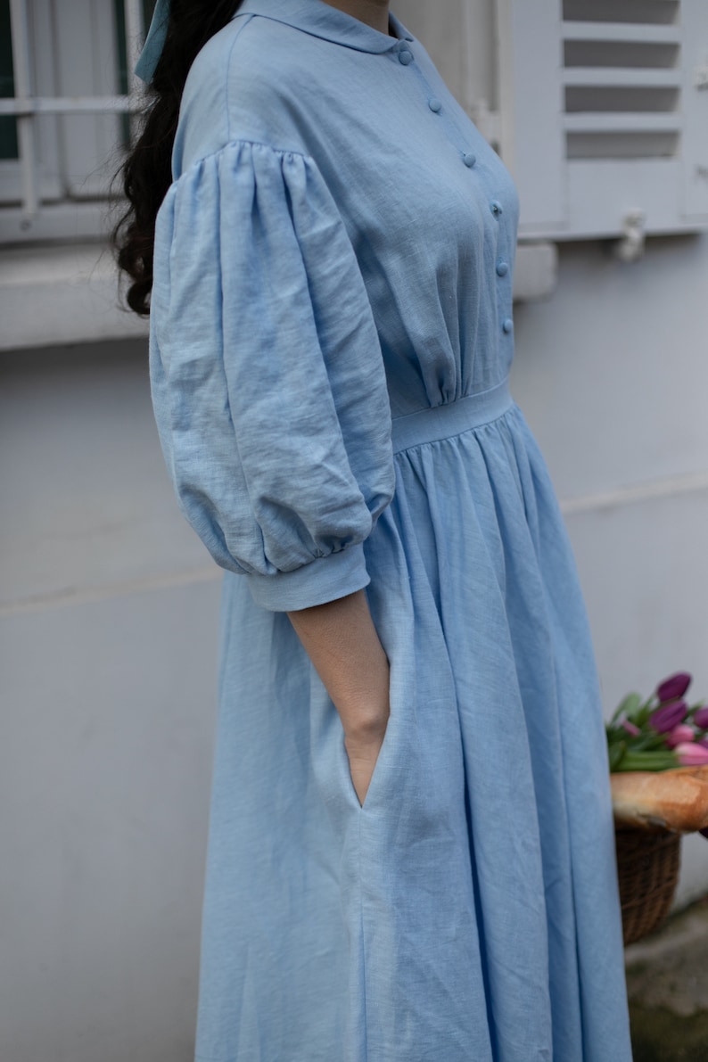 Meg Dress in Sky Blue with sleeves 3/4 Linen Dress image 4