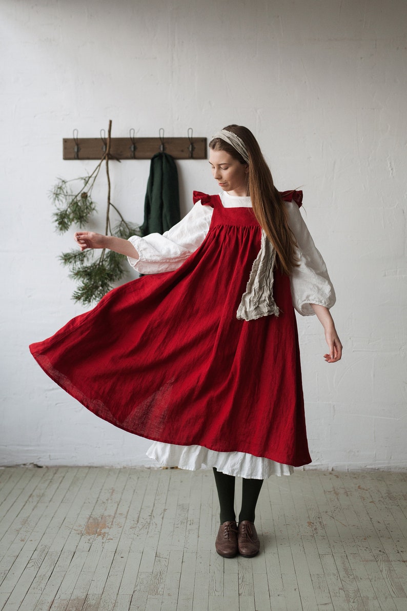 Linen Dress with Flutter Sleeve Oversized Apron Red Linen image 1