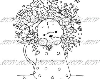 Lili of the Valley Digi Stamp - CG - James with Jug of Flowers - JPG, Bear, Flowers, Digital