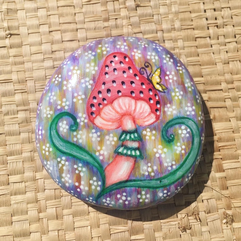 Hand Painted Beach Stone Strawberry Mushroom Painting image 0