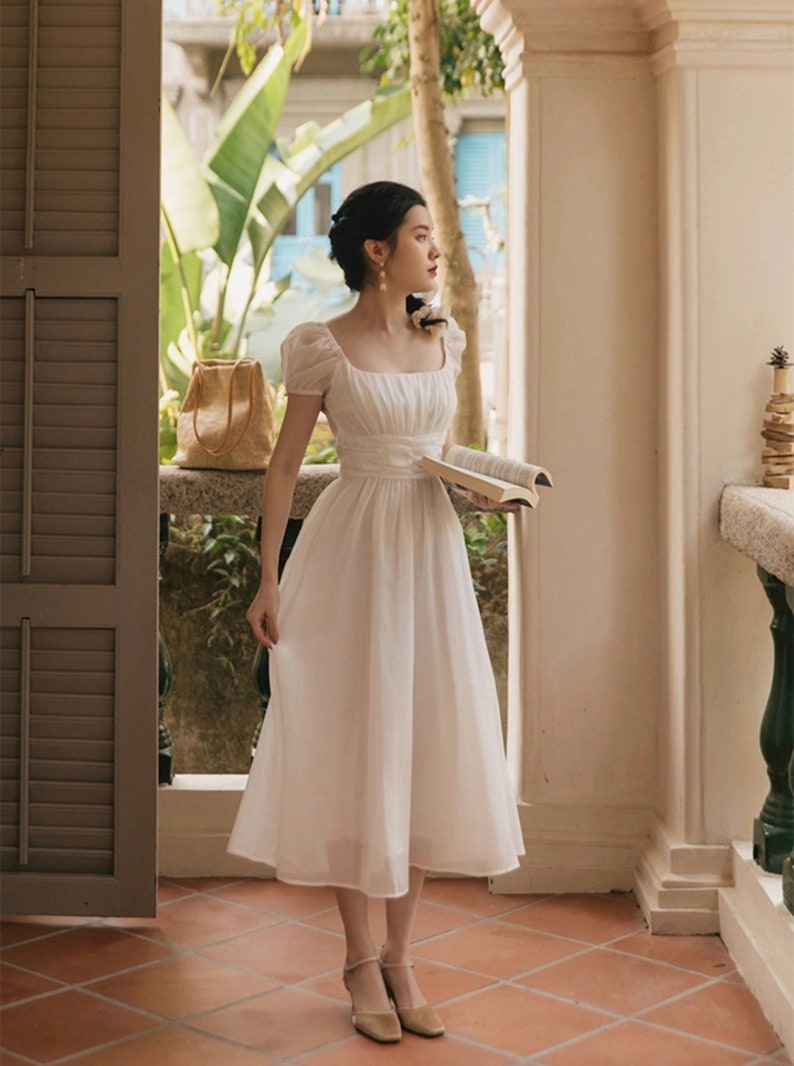 French Retro Dress-Vintage Prairie Dress-Cottage Core Dress White