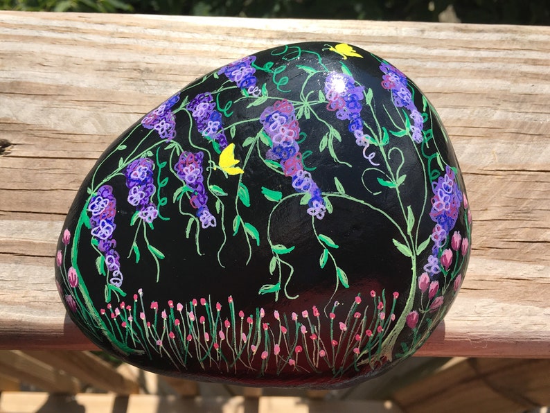 Decorated Rock with Flowers Hand Painted Rocks for Garden image 0