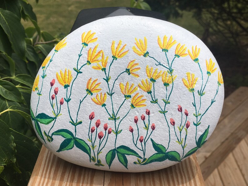 Decorated Rock with Flowers  Hand Painted Rocks for Garden  image 0