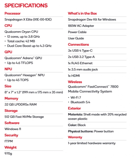 Specifikace počítače Snapdragon Dev Kit for Windows se Snapdragonem X Elite