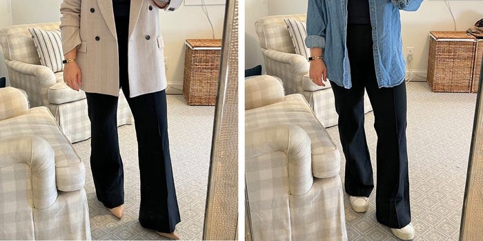 On the left, a woman takes a mirror selfie wearing Spanx Hi-Rise Flare Pants styled with a blazer. On the right, a woman takes a mirror selfie wearing Spanx Hi-Rise Flare Pants with a Spanx AirEssentials Mock Neck Top.