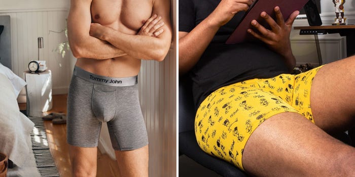 Side by side images of two models wearing boxer briefs. On the left, a model wears a gray pair of Tommy John briefs. On the right, a person is wearing a yellow patterned pair of MeUndies briefs with a black undershirt.