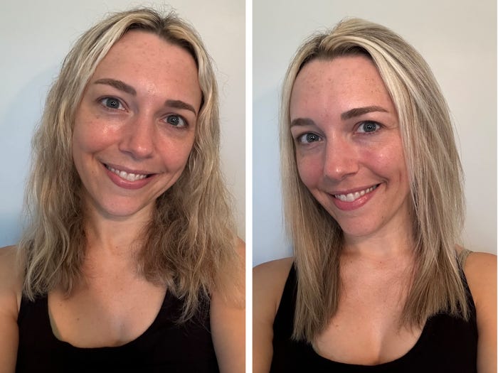 A side by side of the author before using the Dyson Airstraight and after using it on their hair.