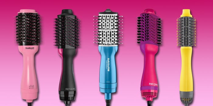 A collage of some of our picks for the best blow dryer brushes on a pink gradient background.