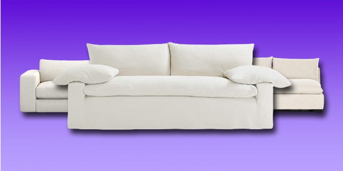 A collage of three of our picks for the best inexpensive cloud couch dupes on a purple gradient background.