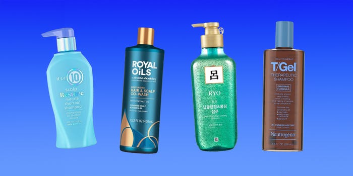 A collection of the best dandruff shampoos from It's a 10, Ryo, Head & Shoulders, and Neutrogena on a gradient deep blue background.