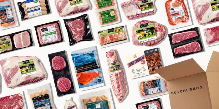 A collage of packed meat from ButcherBox with a cardboard box in the corner.