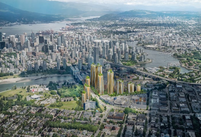 Aerial rendering of the future Sen̓áḵw development in downtown Toronto