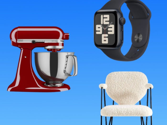 Headphones, a stand mixer, a watch, and a chair.