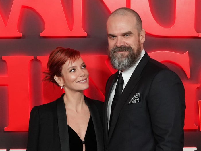 David Harbour and Lily Allen attend the opening night gala of Stranger Things: The First Shadow, at the Phoenix Theatre, London. Picture date: Thursday December 14, 2023.