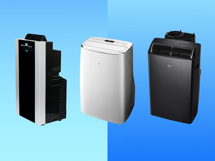 Three portable air conditioners are displayed on a blue background.