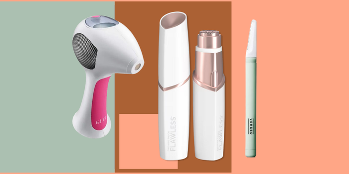 A composite image of the best facial hair removal products on a green, brown, and peach background.