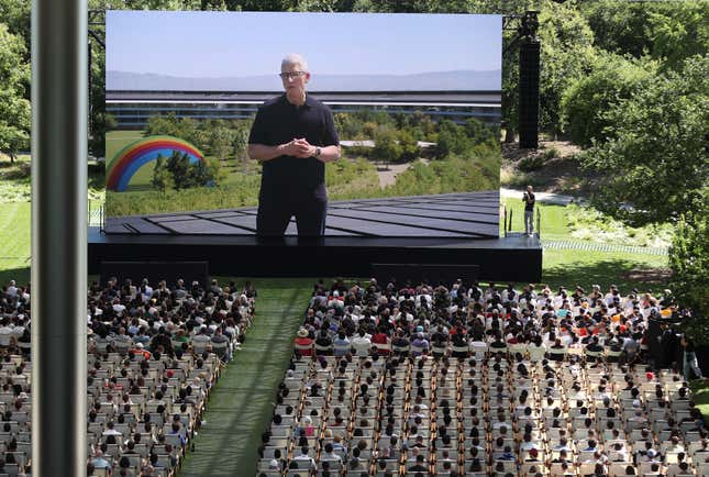 Apple CEO Tim Cook delivers remarks at the start of the Apple Worldwide Developers Conference (WWDC) on June 10, 2024 in Cupertino, California. 