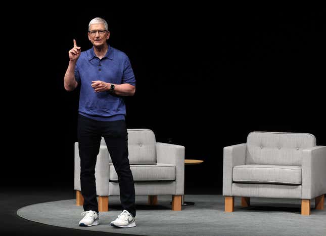 Apple CEO Tim Cook delivers remarks at the start of the Apple Worldwide Developers Conference (WWDC) on June 10, 2024 in Cupertino, California. 