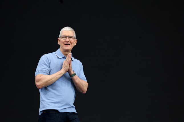  Apple CEO Tim Cook speaks before the start of the Apple Worldwide Developers Conference on June 05, 2023 in Cupertino, California. 