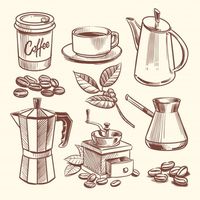 Dibujado a mano taza de café, frijoles, hojas, cafetera y molinillo de café ilustración vectorial