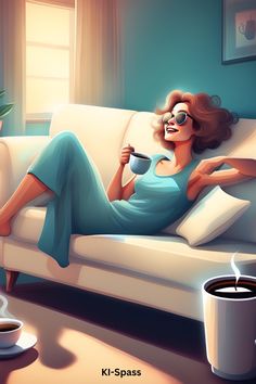 a woman laying on a couch with a cup of coffee