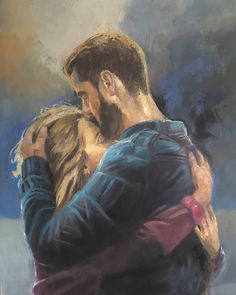 a painting of a couple embracing each other