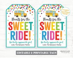two tags that say, thank for the sweet ride and have confetti on them