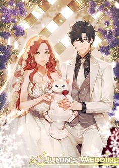 a man and woman in wedding clothes holding a teddy bear