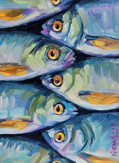 an oil painting of blue fish with yellow and orange eyes in the middle of them