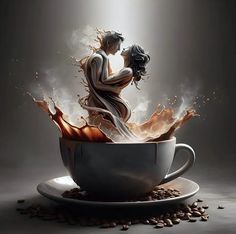 two people are kissing in a coffee cup with liquid pouring out of it and beans scattered around them