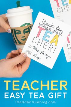 someone holding up a teacher's tea gift card with the words teachers easy to make on it