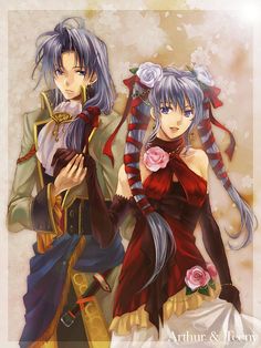 two anime characters with blue hair and long white hair, one wearing a red dress