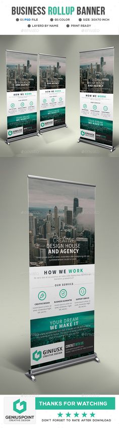 an image of a roll up banner with the cityscape in green and white