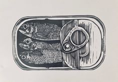 a drawing of fish in a tin with scissors on it's side and the lid open