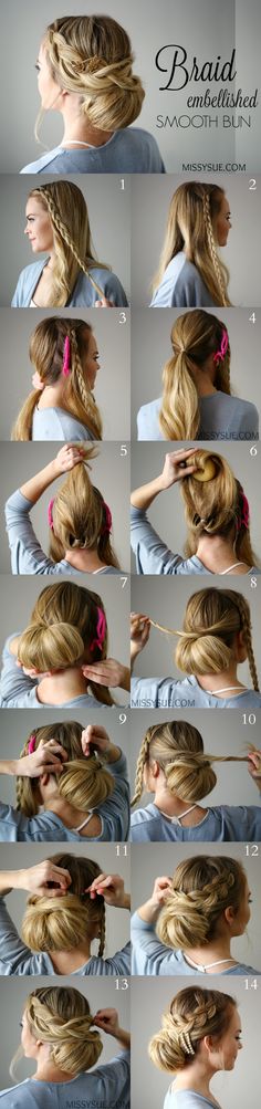 Braid Embellished Smooth Bun Bun Hairstyle, Chignons, Smooth Bun, Diy Hairstyle, Braid Bun, Longer Hair, Low Bun, Braided Hairstyles Easy