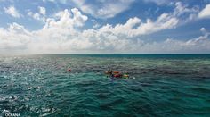 several people in the ocean with life vests on