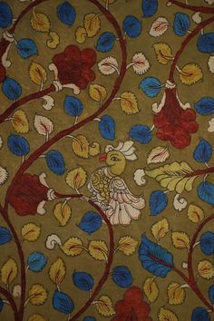 an intricately designed wallpaper with blue, yellow and red flowers on gold background