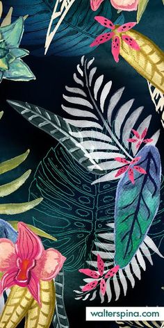 an image of tropical leaves and flowers on a dark blue background with gold foiling