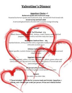 a valentine's dinner menu with hearts drawn on it